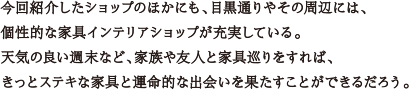 今回紹介したショップの他にも、目黒通りや園周辺には、個性的な家具インテリアショップが充実している。天気の良い週末など、家族や友人と家具巡りをすれば、きっと素敵な家具と運命的な出会いを果たす事ができるだろう。