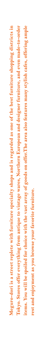 “I’ve just found a new place to live, and now all I need is some furniture to make it feel a little special.” —If this is you, we recommend Meguro-dori, a shopping district lined with distinctive shops. Meguro-dori is a street replete with furniture specialty shops and is regarded as one of the best furniture shopping districts in Tokyo. Stores offer everything from antique to vintage wares, Northern European and designer furniture, and even made-to-order items. You will be spoiled for choice with the vast array of goods on offer. The area also features many stylish cafes, offering ample rest and enjoyment as you browse your favorite furniture.
